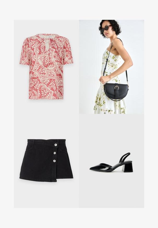 Kortermet bluse i lys rød med kremfarget blomster- og geometrisk mønster, med en nøkkelhull-utsnitt og mykt, lett stoff.; Svart denimskjørt med høy midje, med en innpakningsdesign, fem sølvknapper på den ene siden, og to sidelommer. Glatt tekstur.; Svarte patentlær slingback hæler med spiss tå og geometrisk blokk hæl. Har et stilrent, minimalistisk design og jevn tekstur.; Svart lærveske med en buet form, avtagbar stropp og gullbeslag. Vesken har et klaff med spenne-detall.