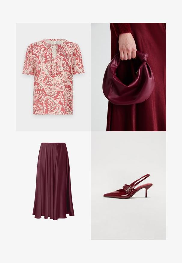 Blusa de mangas curtas em vermelho claro com padrão floral e geométrico em creme, apresentando um decote em forma de lágrima e tecido leve e suave.; Saia bordeaux até ao chão, feita de um tecido liso e brilhante, com um design fluido e cintura elástica. Sem padrões ou adornos.; Sapatos de salto slingback em verniz vermelho, com bico fino, duas tiras com fivela e um salto stiletto fino de altura média. Textura suave.; Bolsa de couro bordô com um design suave e franzido, e uma forma arredondada. A alça é fixa, apresentando uma textura suave.