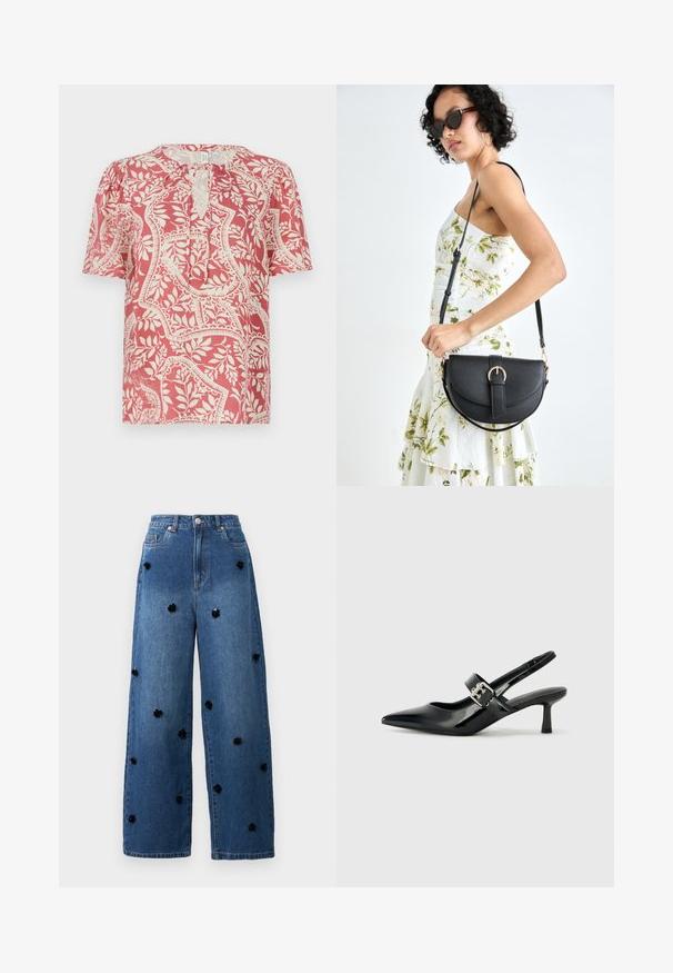 Šviesiai raudona trumpomis rankovėmis bliuska su kremine gėlių ir geometrine raštais, turinti rakto skylutės iškirptę ir minkštą, lengvą audinį.; Platus džinsinis kelnės su mėlyna spalva ir juodais gėlių aplikacijomis, išsibarsčiusiomis per audinį. Charakterizuojamos aukštu liemeniu ir klasikiniu penkių kišenių dizainu.; Juodai lakuoti slingback aukštakulniai su smailiu kojų pirštu ir mažais blokiniais kulniukais, su sidabro sagtimi ant dirželio.; Juodas odinis krepšys su išlenkta forma, nuimamu dirželiu ir auksiniais detalėmis. Krepšys turi kilpą su sagtimi.