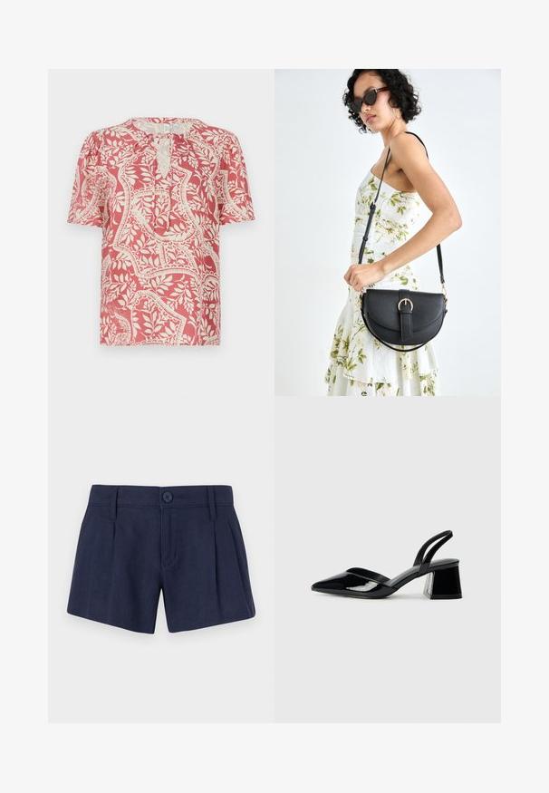 Īsām piedurknēm blūze gaiši sarkanā krāsā ar krēmkrāsas ziedu un ģeometrisku rakstu, ar atslēgas caurumu apakšā un mīkstu, vieglu audumu.; Tumši zili linu šorti ar gludu tekstūru, ar priekšējām krokām, vienu pogu aizdari un standarta jostu cilpiņām.; Melna lakota āda ar atvērto papēdi, ar smailu purngalu un ģeometrisku blokpapēdi. Iezīmējas elegants, minimāls dizains un gluda tekstūra.; Melnas ādas rokassoma ar izliekta formu, noņemamu siksnu un zelta aksesuāriem. Somai ir vāciņš ar sprādzes detaļu.