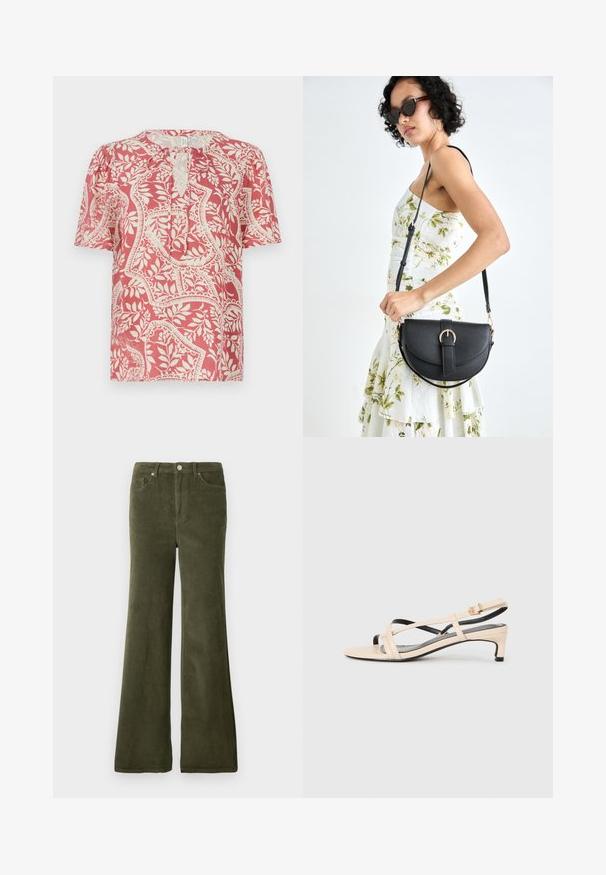 Lyhythihainen pusero vaaleanpunaisena, jossa on kermaisia kukka- ja geometrisia kuvioita. Puserossa on avainaukko kaula-aukko ja pehmeä, kevyt kangas.; Olivi vihreät corduroypöksyt, joissa on suora pinta, etutaskut ja metallinen nappisuljin vyötäröllä.; Beige nahkasaappaat, joissa on ristikkäiset hihnat, matala korko ja mustat korostukset. Suora pinta ja minimalistinen muotoilu.; Musta nahkainen käsilaukku, joka on kaareva muotoilultaan, irrotettavalla hihnalla ja kultaisilla yksityiskohdilla. Laukussa on läppä, jossa on solk yksityiskohta.