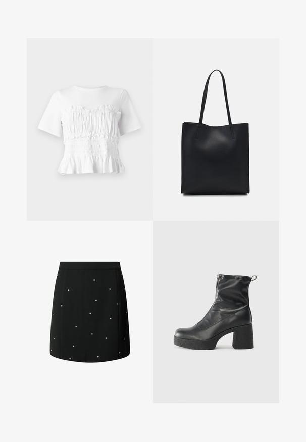 Weißes T-Shirt mit kurzen Ärmeln, einem gerafften, gefältelten Oberteil und einem ausgestellten Saum, der ein strukturiertes Design und eine einfarbige Optik zeigt.; Schwarzer Rock aus einem Stoff mit einer glatten Textur, verziert mit verstreuten silbernen Nieten. Gerader Schnitt mit einem sauberen Saum.; Schwarze Stiefeletten aus glattem Leder mit seitlichem Reißverschluss, klobigem strukturiertem Absatz und runder Zehenform.; Schwarze Laptoptasche aus Leder mit glatter Textur, rechteckiger Form und zwei langen Griffen. Keine sichtbaren Beschläge oder Verzierungen.