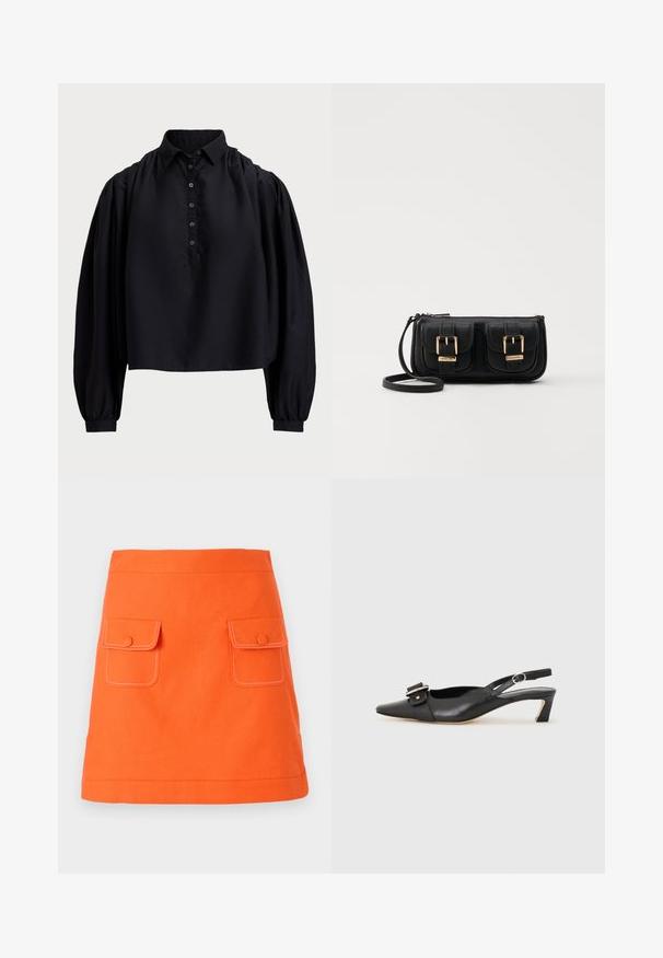 Fekete, rövidre szabott ing puha anyagból, gombos légnyílással, magas gallérral és puffos, hosszú ujjakkal, amelyek szűk mandzsettával záródnak.; Narancssárga pamutszoknya, két elülső zsebbel, gombos záródással és kontrasztos fehér díszítéssel. A-vonalú forma, jól meghatározott derékrésszel.; Fekete bőr szandál kis sarkú, hegyes orral, díszes csattal a felsőrészen. Simább textúra, minimalista design.; Fekete bőr keresztbody táska két elülső zsebbel, arany csattokkal, cipzáras záródással és vékony pánttal. Textúrált felület és kompakt téglalap alak.