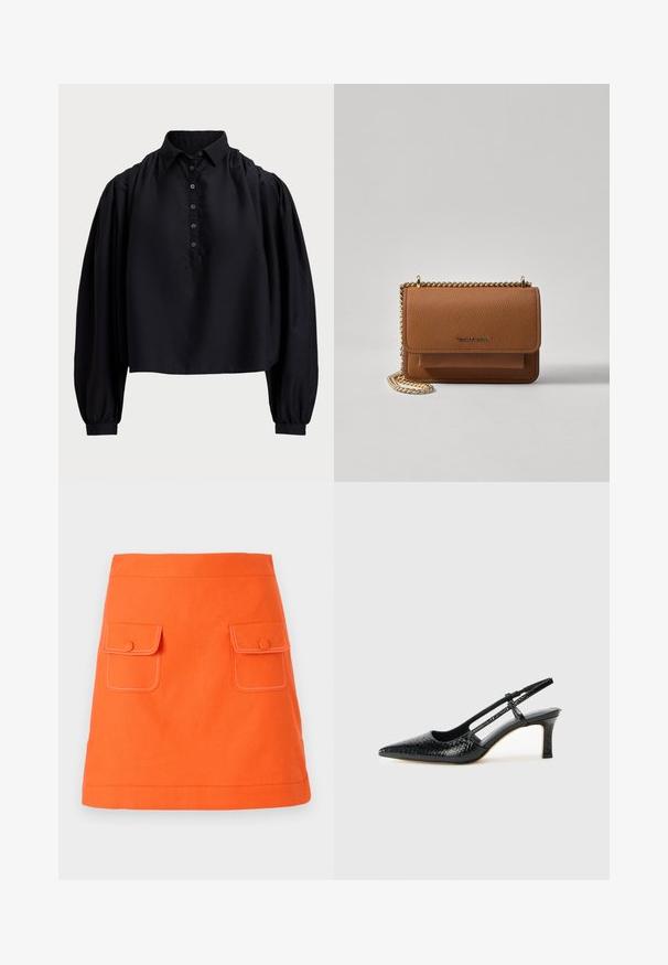Svart, kort t-skjorte laget av mykt stoff, med knappestolpe, høy krage og puffede lange ermer med tettsittende mansjetter.; Oransje bomullsskjørt med to frontlommer, knappelukking og kontrasterende hvit søm. A-linjeformet med en definert midjebånd.; Sorte patent slingback hæl med spids tå, featuring tekstureret slangeskind, justerbar rem og en kort, tekstureret blokhæl.; Brun teksturert lær crossover-veske med gullkjede-stropp og klaffelukking. Fronten har logo-detalj og en lomme under klaffen.