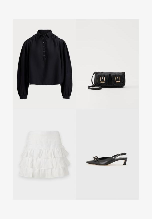 Cămașă neagră, scurtă, dintr-un material moale, cu o placket cu nasturi, guler înalt și mâneci lungi bufante cu manșete ajustate.; sandro JUPE - Fustă mini - blanc; Pantofii negri din piele cu toc mic, vârf ascuțit și detaliu decorativ cu cataramă pe partea superioară. Textură netedă, design minimal.; Geantă neagră din piele, tip crossbody, cu două buzunare frontale, catarame aurii, închidere cu fermoar și o curea subțire. Suprafață texturată și formă rectangulară compactă.
