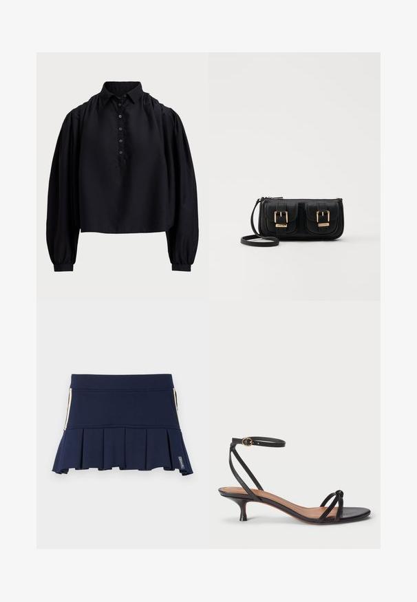 Zwart cropped shirt van zachte stof, met een door knopen sluitende voorkant, hoge kraag en lange pofmouwen met nauwsluitende manchetten.; Marineblauwe geplooide rok van rekbaar materiaal, met een aansluitende taille en een rits aan de zijkant. Stiksels zijn zichtbaar langs de naden.; Polo Ralph Lauren LEATHER KITTEN-HEEL SANDAL - Klassieke pumps - black; Zwarte leren schoudertas met twee vo pockets, gouden gespen, ritsluiting en een smalle band. Tekstuur oppervlak en compacte rechthoekige vorm.