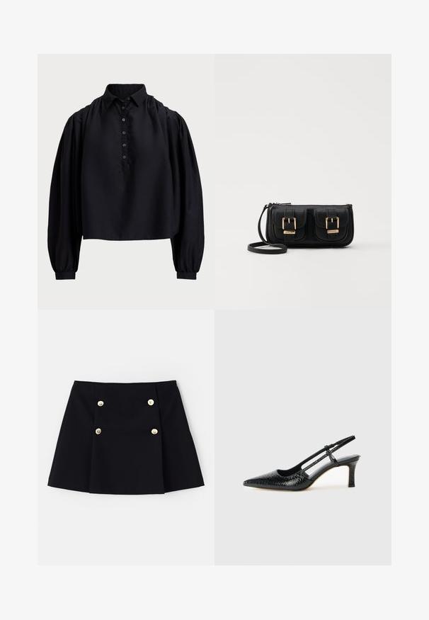 Maglietta nera corta realizzata in tessuto morbido, con apertura a bottoni, colletto alto e maniche lunghe puffate con polsini aderenti.; Mini gonna nera realizzata in tessuto elastico, con due bottoni dorati sul davanti, design plissettato e orlo dritto.; Slingback con tacco in vernice nera con punta affusolata, caratterizzato da una stampa a serpente testurizzata, cinturino regolabile e un tacco corto e testurizzato.; Borsa a tracolla nera in pelle con due tasche frontali, fibbie dorate, chiusura con zip e una tracolla sottile. Superficie texturizzata e forma rettangolare compatta.
