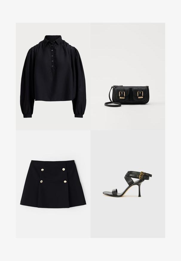 Chemisier noir court en tissu doux, doté d'une patte de boutonnage, d'un col haut et de manches longues bouffantes avec des poignets ajustés.; Mini-jupe noire en tissu flexible, dotée de deux boutons dorés à l'avant, d'un design plissé et d'un ourlet droit.; Sandale à talons noirs avec des straps croisés et une boucle ajustable. Elle présente une texture lisse et un talon aiguille effilé.; Sac en cuir noir porté en travers avec deux poches avant, boucles dorées, fermeture zippée et une sangle fine. Surface texturée et forme rectangulaire compacte.