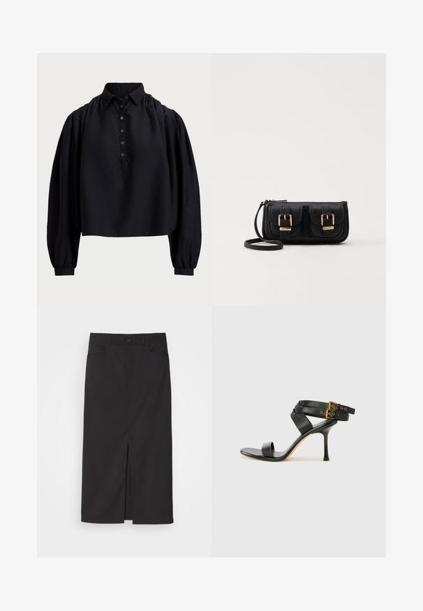 Chemisier noir court en tissu doux, doté d'une patte de boutonnage, d'un col haut et de manches longues bouffantes avec des poignets ajustés.; Jupe noire avec un design fendu à l'avant, fabriquée en tissu lisse. Elle comprend deux poches latérales et une fermeture à bouton à la taille.; Sandale à talons noirs avec des straps croisés et une boucle ajustable. Elle présente une texture lisse et un talon aiguille effilé.; Sac en cuir noir porté en travers avec deux poches avant, boucles dorées, fermeture zippée et une sangle fine. Surface texturée et forme rectangulaire compacte.