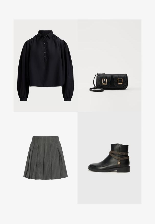 Svart kort topp i mjukt tyg, med knappslå, hög krage och puffärmar som är långa med tighta ärmslut.; Moves LUCILLE - Veckad kjol - castlerock; Svart läderankelboot med platt sula, med ett brunt mönstrat rem och detalj i guldton. Slät yta.; Svart läderaxelväska med två framfickor, guldspännen, dragkedjestängning och en smal rem. Texturerad yta och kompakt rektangulär form.