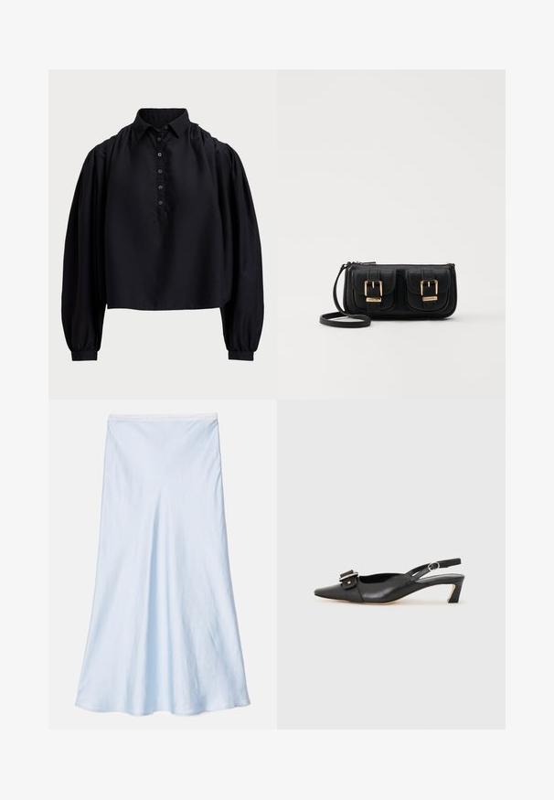 Zwart cropped shirt van zachte stof, met een door knopen sluitende voorkant, hoge kraag en lange pofmouwen met nauwsluitende manchetten.; sandro SKYN - A-lijn rok - bleu ciel; Zwarte leren slingback schoen met scherpe neus, kleine hak en decoratieve gespdetails op de bovenkant. Stijlvolle textuur, minimalistisch ontwerp.; Zwarte leren schoudertas met twee vo pockets, gouden gespen, ritsluiting en een smalle band. Tekstuur oppervlak en compacte rechthoekige vorm.