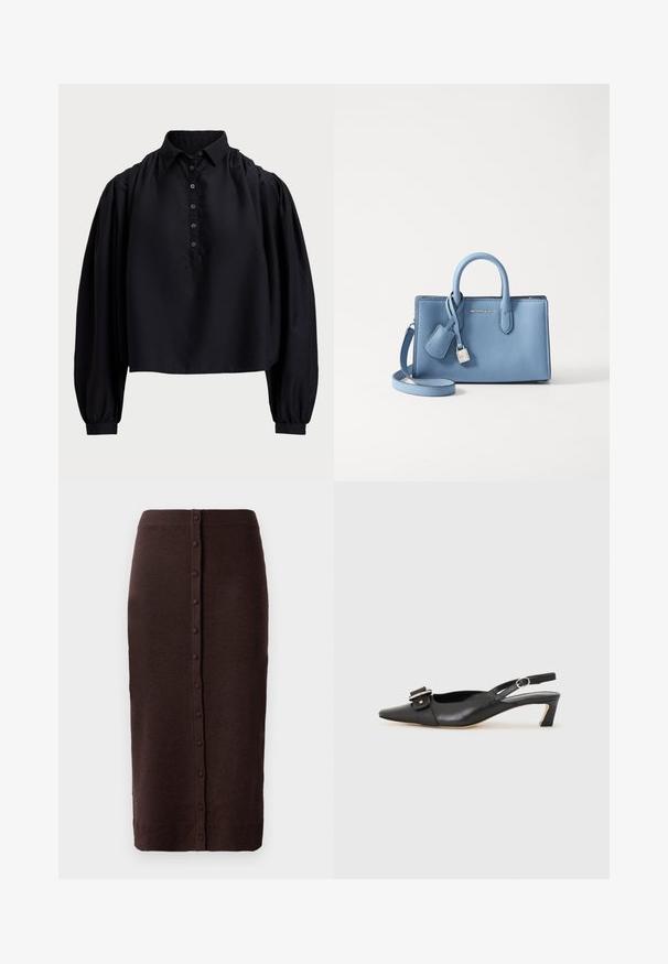 Melnā īsā krekls no mīksta auduma, ar pogu aizdari, augstu apkakli un puffed garajām piedurknēm ar pieguļošiem manžetēm.; Brūna adīta svārku ar ribotu jostasvietu un taisnu piegriezumu. Ir centrāla pogu plāksne, kas stiepjas visā aizmugurē.; Melnas ādas siksnu kurpes ar smailu pirkstu, nelielu papēdi un dekoratīvu sprādzi augšdaļā. Gluda tekstūra, minimālistisks dizains.; Gaiši zils ādas rokassomas, kurai ir divi rokturi, noņemams plecu siksniņa un sudraba krāsas atslēga un birka. Gluda virsma.