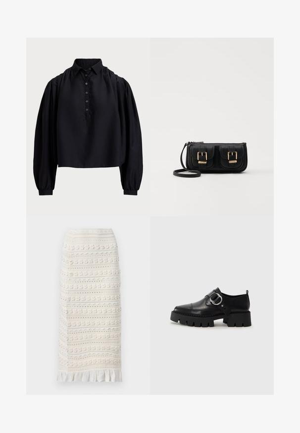 Schwarzes, kurzes Shirt aus weichem Stoff, mit einer geknöpften Leiste, hohem Kragen und puffierten langen Ärmeln mit enganliegenden Bündchen.; sandro JUPE MIDI DETAILS - Bleistiftrock - ecru; Schwarze Leder Schuhe mit einer dicken, gerippten Sohle, die mit einer runden silbernen Hardware-Akzent und minimalen Stickdetails ausgestattet sind.; Schwarze Leder-Umhängetasche mit zwei vorderen Taschen, goldenen Schnallen, Reißverschluss und einem schmalen Tragegurt. Texturierte Oberfläche und kompakte rechteckige Form.