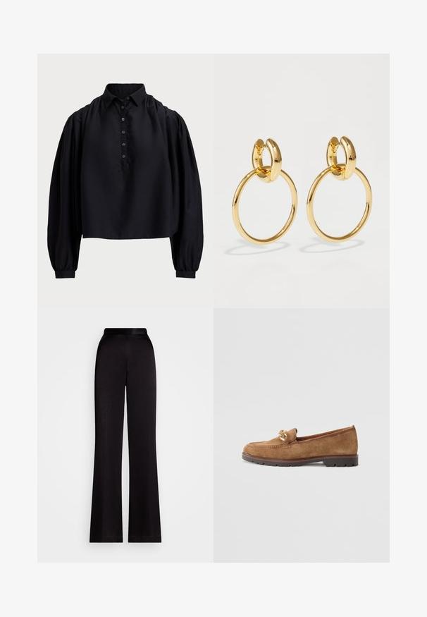 Black cropped shirt made of soft fabric, featuring a buttoned placket, high collar, and puffed long sleeves with fitted cuffs.; Black flared trousers made from a smooth fabric, featuring a high waistband and full-length design. No visible patterns or accents.; Tamaris Slip-ons - camel; Gold-tone metal hoop earrings featuring a large circular shape with a smooth, polished texture and an oval-shaped accent at the top.