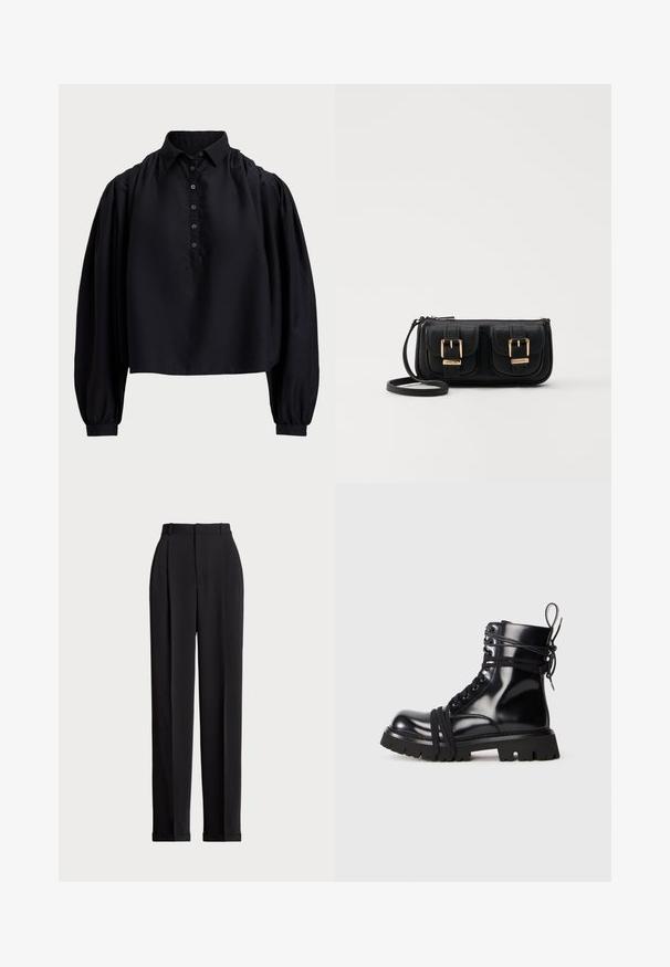 Black cropped shirt made of soft fabric, featuring a buttoned placket, high collar, and puffed long sleeves with fitted cuffs.; Black tailored trousers with a high waist, featuring pleats at the front, a straight leg design, and a cuffed hem. Made from smooth fabric.; Black patent leather boot with a chunky sole, rounded toe, and lacing details. Features wrapped laces and a pull tab on the heel.; Black leather crossbody bag with two front pockets, gold buckles, zipper closure, and a slim strap. Textured surface and compact rectangular shape.