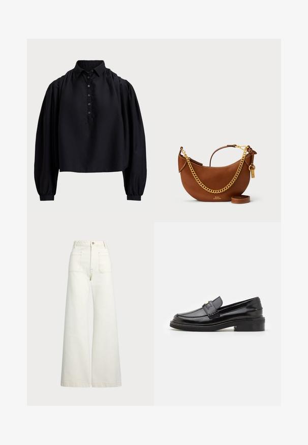 Black cropped shirt made of soft fabric, featuring a buttoned placket, high collar, and puffed long sleeves with fitted cuffs.; Wide-leg jeans in off-white denim. High-waisted design with a button closure, two front pockets, and contrast stitching details.; Black patent leather loafer with a smooth finish, a stitched detailing at the front, and a low block heel for support. Gold accent on the strap.; Brown leather handbag with a curved design, gold chain strap, interior pocket, and a detachable shoulder strap. Features contrasting stitching.
