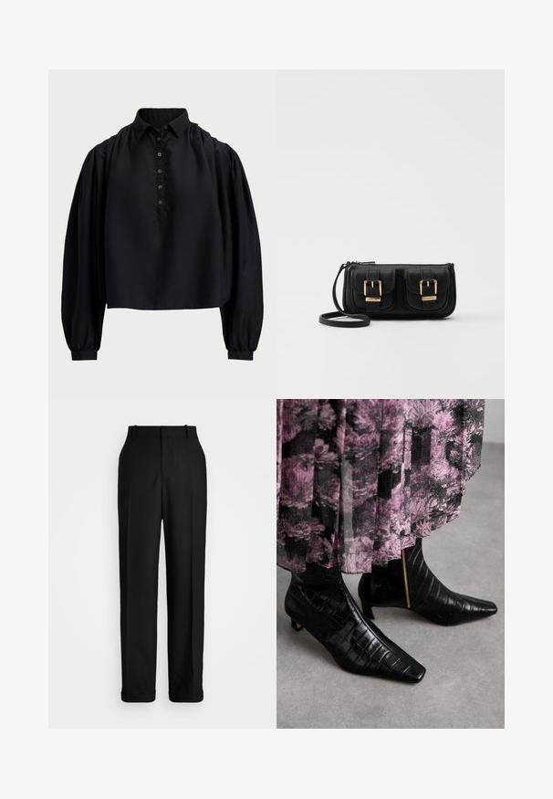 Black cropped shirt made of soft fabric, featuring a buttoned placket, high collar, and puffed long sleeves with fitted cuffs.; Polo Ralph Lauren HIGH RISE RELAXED STRAIGHT TROUSER - Trousers - black; Black leather ankle boots with a crocodile texture, pointed toe, and small block heel; features a gold zipper accent on the side.; Black leather crossbody bag with two front pockets, gold buckles, zipper closure, and a slim strap. Textured surface and compact rectangular shape.
