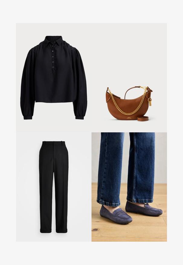 Sort cropped skjorte lavet af blødt stof, med en knaplukning, høj krave og puffede lange ærmer med tætsiddende manchetter.; Polo Ralph Lauren HIGH RISE RELAXED STRAIGHT TROUSER - Bukser - black; Lilla ruskind loafers med en syet sømdetalje og en flad gummisål, båret med brede blå jeans, som viser en afslappet stil på et trægulv.; Brun læderhandtaske med et buet design, guld kædestropp, indvendig lomme og en aftagelig skulderrem. Har kontrastsyning.