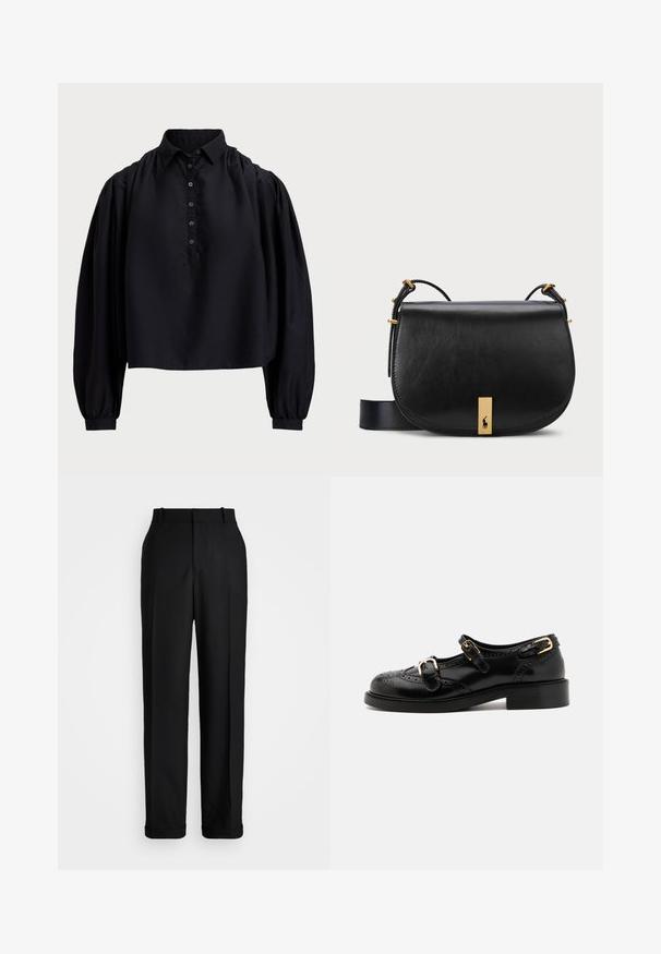 Černý zkrácený top z měkké látky, s knoflíkovou légou, vysokým límcem a nafouklými dlouhými rukávy s přiléhavými manžetami.; Polo Ralph Lauren HIGH RISE RELAXED STRAIGHT TROUSER - Kalhoty - black; Černé kožené boty s brogue detaily, vybavené dvěma sponami, zaoblenou špičkou a nízkým podpatkem. Hladký povrch s lesklým finišem.; Černá kožená křížová taška se zlatým kovovým akcentem a nastavitelným popruhem, s hladkou texturou a zakřiveným tvarem.