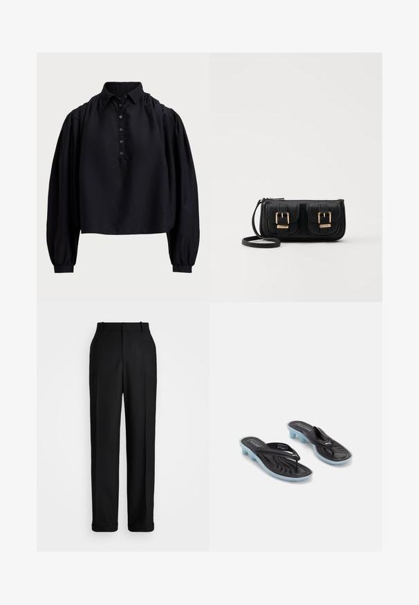 Sort cropped skjorte lavet af blødt stof, med en knaplukning, høj krave og puffede lange ærmer med tætsiddende manchetter.; Polo Ralph Lauren HIGH RISE RELAXED STRAIGHT TROUSER - Bukser - black; Sorte og blå Puma slide sandaler med lave blokhæle og toe straps på en hvid baggrund.; Sort læder crossbody taske med to frontlommer, guldspænder, lynlåslukning og en slank rem. Struktureret overflade og kompakt rektangulær form.