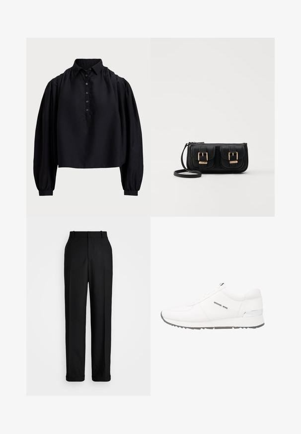 Maglietta nera corta realizzata in tessuto morbido, con apertura a bottoni, colletto alto e maniche lunghe puffate con polsini aderenti.; Polo Ralph Lauren HIGH RISE RELAXED STRAIGHT TROUSER - Pantaloni - black; Sneaker in pelle bianca con una texture liscia, suola in gomma grigia, sette occhielli e un accento argento sul tallone. Logo visibile sul lato.; Borsa a tracolla nera in pelle con due tasche frontali, fibbie dorate, chiusura con zip e una tracolla sottile. Superficie texturizzata e forma rettangolare compatta.