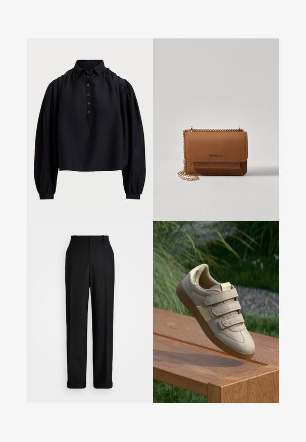 Chemisier noir court en tissu doux, doté d'une patte de boutonnage, d'un col haut et de manches longues bouffantes avec des poignets ajustés.; Polo Ralph Lauren HIGH RISE RELAXED STRAIGHT TROUSER - Pantalon classique - black; Baskets beiges avec trois bandes Velcro, en matériau suédé synthétique lisse, à bout rond et avec une semelle en caoutchouc, présentées sur une surface en bois.; Sac en cuir texturé marron en bandoulière avec une sangle en chaîne dorée et une fermeture à rabat. L'avant présente un détail de logo et une poche sous le rabat.