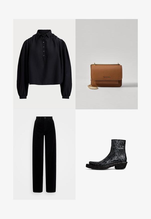 Black cropped shirt made of soft fabric, featuring a buttoned placket, high collar, and puffed long sleeves with fitted cuffs.; Black corduroy pants with a high waist, wide leg design, and a single front button closure. Smooth texture with vertical ribbing.; Black python-patterned ankle boots with a textured upper and a chunky black rubber sole. Features a rounded toe and low shaft design.; Brown textured leather crossbody bag with gold chain strap and flap closure. Front features logo detail and a pocket under the flap.