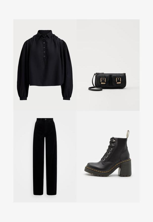 Czarna krótka koszula z miękkiego materiału, z zapięciem na guziki, wysokim kołnierzykiem i bufiaste długie rękawy z dopasowanymi mankietami.; Czarne spodnie w pudełkowym kroju z wysokim stanem, szerokimi nogawkami oraz pojedynczym zapięciem na guzik z przodu. Gładka struktura z pionowymi żłobieniami.; Czarne skórzane botki za kostkę z masywnym wysokim obcasem, sznurówką z przodu, metalowymi oczkami i żółtym przeszyciem wzdłuż podeszwy. Teksturowana gumowa podeszwa.; Czarna skórzana torba na ramię z dwoma przednimi kieszeniami, złotymi klamrami, zamkiem błyskawicznym i cienkim paskiem. Teksturowana powierzchnia i kompaktowy prostokątny kształt.