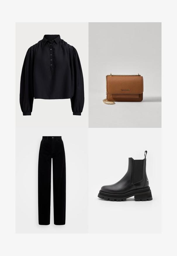 Černý zkrácený top z měkké látky, s knoflíkovou légou, vysokým límcem a nafouklými dlouhými rukávy s přiléhavými manžetami.; Černé kordové kalhoty s vysokým pasem, širokým nohavicovým střihem a jediným zapínáním na přední knoflík. Hladký povrch s vertikálním žebrováním.; Černé kožené Chelsea boty s elastickými bočními panely, kulatou špičkou, robustní gumovou podešví a poutkem na patě. Texturované a hladké povrchy.; Hnědá texturovaná kožená kabelka přes rameno se zlatým řetízkovým popruhem a klopnovým uzavíráním. Přední strana obsahuje detail loga a kapsu pod klopou.