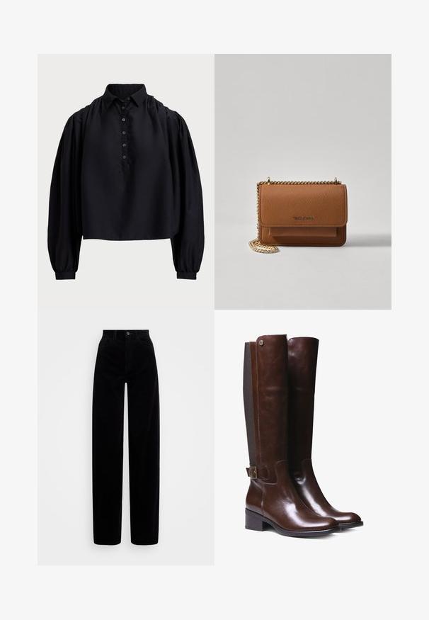 Čierna skrátená košeľa z mäkkej látky, s gombíkovou légou, vysokým golierom a nadýchanými dlhými rukávmi so zúženými manžetami.; Čierne kordúrové nohavice s vysokým pásom, širokým strihom a jedným predným gombíkom. Hladká textúra s vertikálnym ryhovaním.; Hnedé kožené čižmy po kolená s hladkým povrchom, kontrastnou látkovou panelou, detailom sponky na členku a nízkym blokovým opätkom.; Hnedá textúrovaná kožená taška cez telo s zlatým reťazovým popruhom a preklopným uzáverom. Predná strana obsahuje detail s logom a vrecko pod preklopkou.