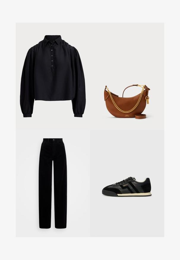 Camisa negra corta hecha de una tela suave, con tapeta de botones, cuello alto y mangas largas abullonadas con puños ajustados.; Pantalones de pana negra con una cintura alta, diseño de pierna ancha y un cierre frontal con un solo botón. Textura suave con estrías verticales.; GANT BEYLANA - Zapatillas - black; Bolso de mano de piel marrón con un diseño curvado, correa de cadena dorada, bolsillo interior y una correa de hombro desmontable. Presenta costuras en contraste.