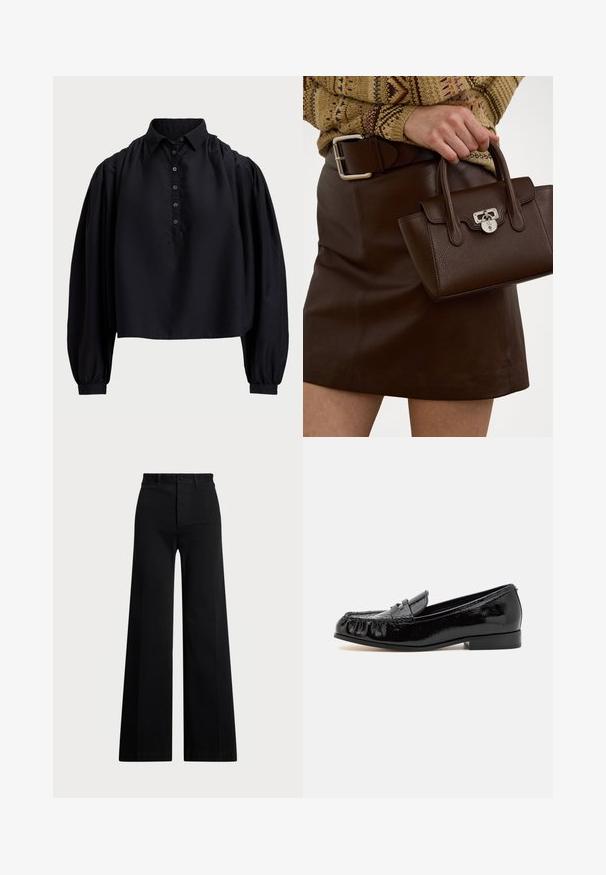 Juodas trumpas marškinėlis, pagamintas iš minkštos medžiagos, su sagų užsegimu, aukštu apykakle ir pūstais ilgais rankovėmis su prigludusiais riešais.; Juodos plačios kojos kelnės, pagamintos iš audinio, su aukštu liemeniu, priekiniais mygtukais ir šoniniais kišenėmis. Sklandus paviršius su švariomis linijomis.; Juodi patentiniai oda loafersai su apvalia nosia, fringing detalėmis ir žemu bloko kulnu. Paviršius turi blizgų finišą.; Ruda oda rankinė su tekstūruotu paviršiumi ir sidabrinėmis detalėmis, laikoma rankoje šalia rudos odinės sijono ir raštuoto megztinio.