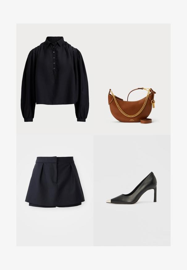 Maglietta nera corta realizzata in tessuto morbido, con apertura a bottoni, colletto alto e maniche lunghe puffate con polsini aderenti.; Pantaloni corti plissettati di colore blu navy con vita alta, realizzati in tessuto liscio. Presentano un design aderente e una tasca frontale nascosta.; Scarpa con tacco alto in pelle nera con punta affilata e cappuccio metallico argento. Presenta una finitura liscia e un tacco sottile di 10 cm.; Borsa a mano in pelle marrone con un design curvo, tracolla in catena dorata, tasca interna e tracolla rimovibile. Presenta cuciture a contrasto.