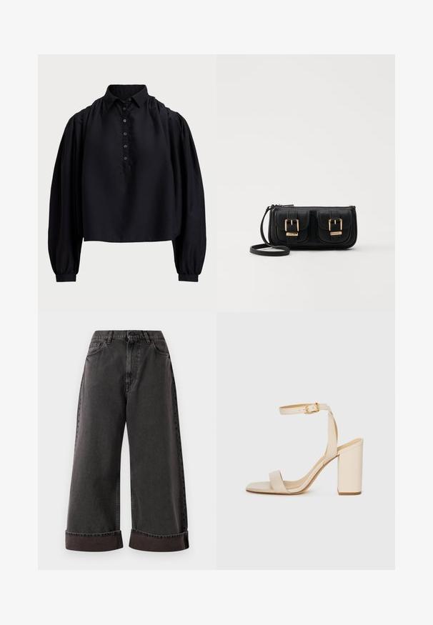 Black cropped shirt made of soft fabric, featuring a buttoned placket, high collar, and puffed long sleeves with fitted cuffs.; Black wide-leg jeans with rolled cuffs, front button and zipper closure, and side and front pockets.; Beige high-heeled sandal with a square toe, thin ankle strap, and block heel. Smooth leather texture with a gold buckle detail.; Black leather crossbody bag with two front pockets, gold buckles, zipper closure, and a slim strap. Textured surface and compact rectangular shape.