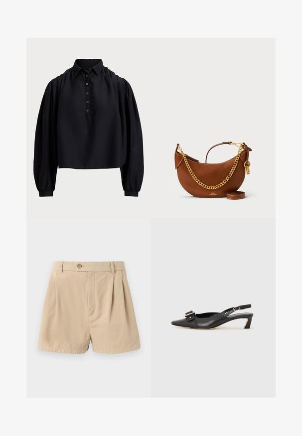 Fekete, rövidre szabott ing puha anyagból, gombos légnyílással, magas gallérral és puffos, hosszú ujjakkal, amelyek szűk mandzsettával záródnak.; Filippa K HIGH WAIST PLEATED - Rövidnadrágok - beige; Fekete bőr szandál kis sarkú, hegyes orral, díszes csattal a felsőrészen. Simább textúra, minimalista design.; Barna bőr kézi táska íves kialakítással, arany lánc pánttal, belső zsebbel és leválasztható vállpánttal. Kontrasztos varrás jellemzi.