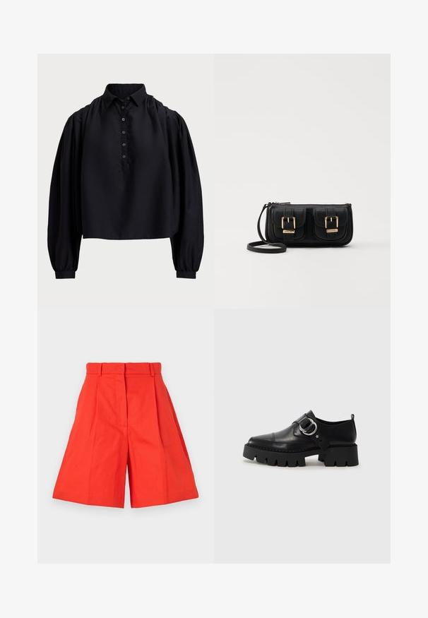 Czarna krótka koszula z miękkiego materiału, z zapięciem na guziki, wysokim kołnierzykiem i bufiaste długie rękawy z dopasowanymi mankietami.; Czerwone bawełniane szorty z wysokim stanem, z fałdami i szerokim krojem. Gładka tekstura i czyste linie. Bez kieszeni ani zdobień.; Czarne skórzane buty z masywną, żebrowaną podeszwą, z okrągłym akcentem ze srebrnego metalu i minimalnymi detalami szwów.; Czarna skórzana torba na ramię z dwoma przednimi kieszeniami, złotymi klamrami, zamkiem błyskawicznym i cienkim paskiem. Teksturowana powierzchnia i kompaktowy prostokątny kształt.