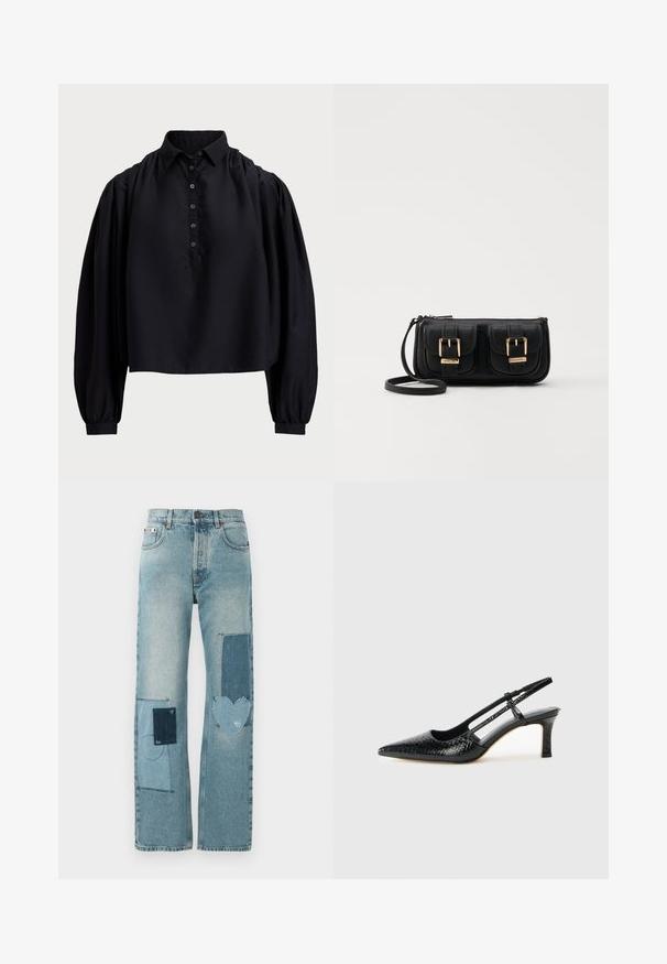 Zwart cropped shirt van zachte stof, met een door knopen sluitende voorkant, hoge kraag en lange pofmouwen met nauwsluitende manchetten.; Licht gewassen denim jeans met een recht model. Bevat meerdere contrasterende patches, waaronder een hartvorm en systematische stikdetails.; Zwart patent slingback hak met een spitse neus, voorzien van een gestructureerde slangenprint, verstelbare band en een korte, gestructureerde blokhak.; Zwarte leren schoudertas met twee vo pockets, gouden gespen, ritsluiting en een smalle band. Tekstuur oppervlak en compacte rechthoekige vorm.