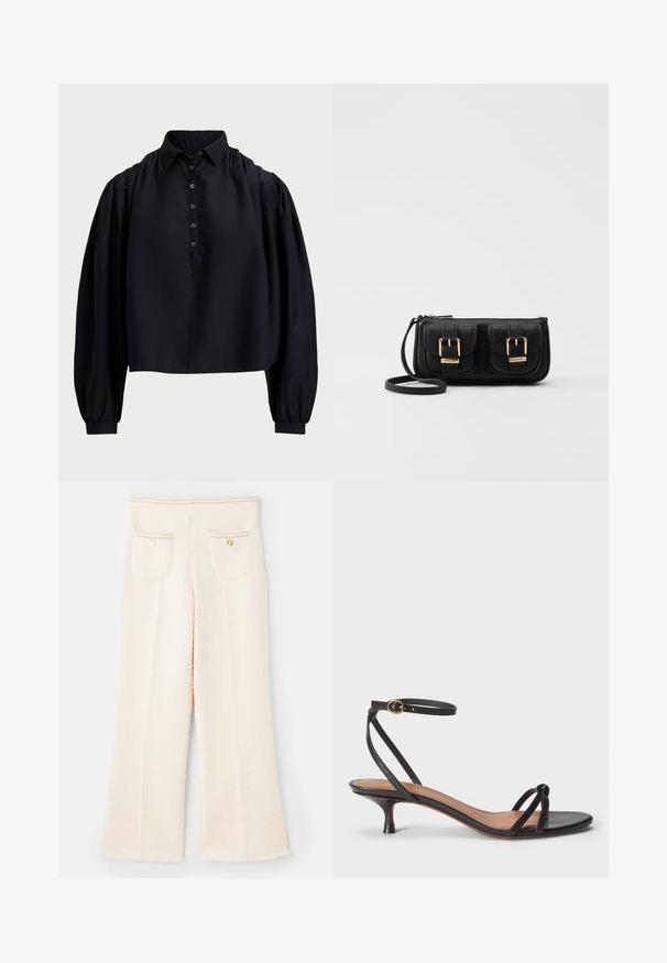 Čierna skrátená košeľa z mäkkej látky, s gombíkovou légou, vysokým golierom a nadýchanými dlhými rukávmi so zúženými manžetami.; Biele textúrované široké nohavice s rozstrapkaným lemom, s dvoma zadnými vreckami, zlatými gombíkovými detailami a prešitím na páse.; Polo Ralph Lauren LEATHER KITTEN-HEEL SANDAL - Klasické lodičky na opätku - black; Čierna kožená crossbody taška s dvoma prednými vreckami, zlatými sponami, zipsovým uzatváraním a úzkym popruhom. Štruktúrovaný povrch a kompaktný obdĺžnikový tvar.