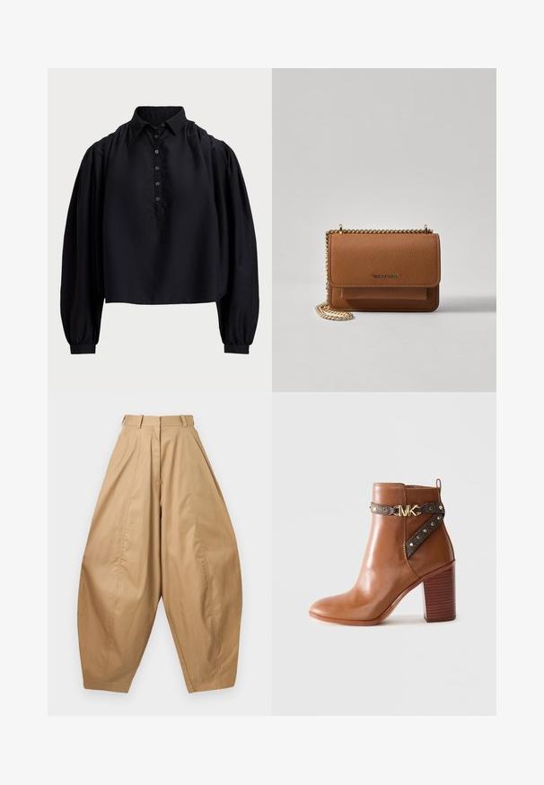Camisa negra corta hecha de una tela suave, con tapeta de botones, cuello alto y mangas largas abullonadas con puños ajustados.; Pantalones beige de cintura alta y pernera ancha con pliegues, trabillas y dobladillos ajustados, presentados sobre un fondo blanco.; Botín de piel marrón con tacón de bloque apilado, correa lateral con remaches dorados y un hebilla con el logo "MK" en dorado.; Bolso crossbody de cuero texturizado marrón con correa de cadena dorada y cierre de solapa. La parte frontal presenta un detalle de logo y un bolsillo debajo de la solapa.