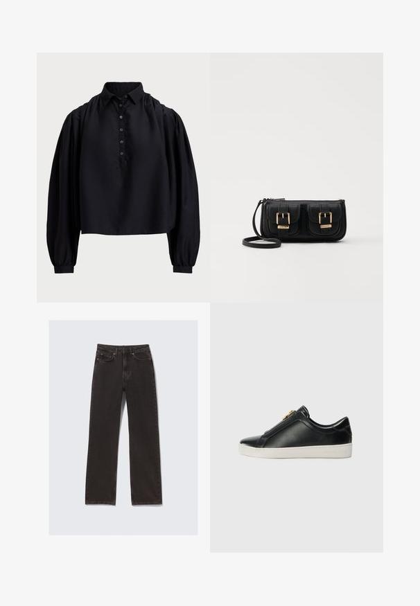 Svart kort topp i mjukt tyg, med knappslå, hög krage och puffärmar som är långa med tighta ärmslut.; Svarta denimjeans med rak passform, med framfickor, bälteshällor och subtila sömdetaljer. Tillverkade av slitstarkt bomullsmaterial.; Svarta läderskor utan snörning med en upphöjd söm, silverdetaljer på ovandelen och en vit gummisula med präglad logotyp.; Svart läderaxelväska med två framfickor, guldspännen, dragkedjestängning och en smal rem. Texturerad yta och kompakt rektangulär form.