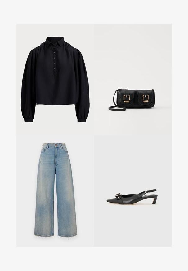 Zwart cropped shirt van zachte stof, met een door knopen sluitende voorkant, hoge kraag en lange pofmouwen met nauwsluitende manchetten.; Lichtblauwe denim wijde jeans met een rafelige zoom, vijf zakken en een knoopsluiting. Bevat lichte slijtage aan de voorkant.; Zwarte leren slingback schoen met scherpe neus, kleine hak en decoratieve gespdetails op de bovenkant. Stijlvolle textuur, minimalistisch ontwerp.; Zwarte leren schoudertas met twee vo pockets, gouden gespen, ritsluiting en een smalle band. Tekstuur oppervlak en compacte rechthoekige vorm.