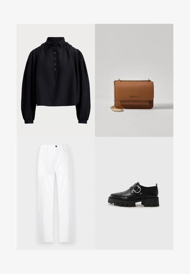 Melnā īsā krekls no mīksta auduma, ar pogu aizdari, augstu apkakli un puffed garajām piedurknēm ar pieguļošiem manžetēm.; Baltas platās kājas džinsi izgatavoti no denima, ar pogu aizdari, priekšējām kabatām un tīru dizainu bez redzamām rakstāmībām vai akcentiem.; Melni ādas apavi ar masīvu, rievojumu zoli, ar apaļu sudraba aksesuāru un minimālām šuvēm.; Brūna teksturēta ādas plecu soma ar zelta ķēdes siksnu un atloka aizdari. Priekšpusē ir logotipa detaļa un kabata zem atloka.