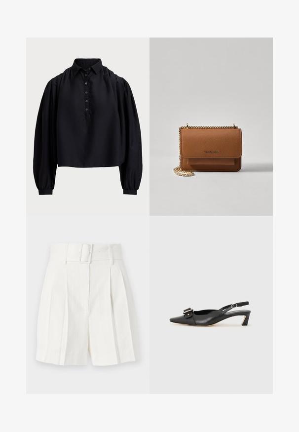 Fekete, rövidre szabott ing puha anyagból, gombos légnyílással, magas gallérral és puffos, hosszú ujjakkal, amelyek szűk mandzsettával záródnak.; sandro RECOUPE BRIDAL CAVERNI - Rövidnadrágok - ecru; Fekete bőr szandál kis sarkú, hegyes orral, díszes csattal a felsőrészen. Simább textúra, minimalista design.; Barna textúrájú bőr keresztbody táska arany lánc pánttal és fedélzárral. Az elején logó részlet és egy zseb található a fedél alatt.