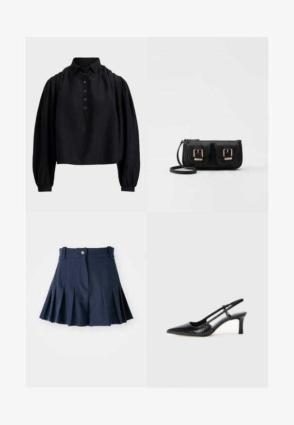 Camisa negra corta hecha de una tela suave, con tapeta de botones, cuello alto y mangas largas abullonadas con puños ajustados.; Pantalones cortos plisados en color navy con una cinturilla, que cuentan con un botón en la parte delantera y un diseño ajustado. Fabricados con una tela suave, adecuados para un uso casual.; Tacón slingback negro de charol con punta afilada, que presenta un estampado de serpiente texturizado, correa ajustable y un tacón bloque corto y texturizado.; Bolso cruzado de cuero negro con dos bolsillos frontales, hebillas doradas, cierre de cremallera y una correa delgada. Superficie texturizada y forma rectangular compacta.