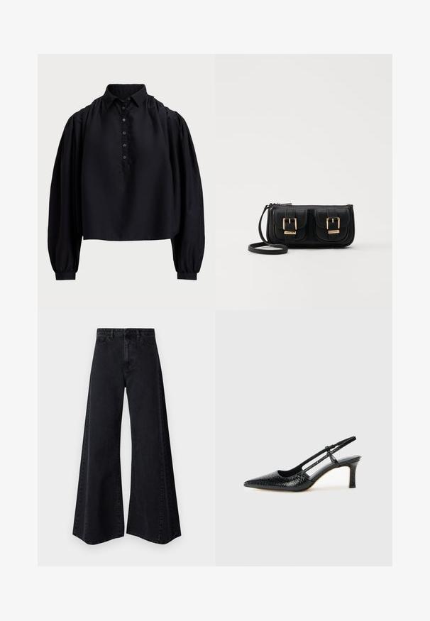 Svart kort topp i mjukt tyg, med knappslå, hög krage och puffärmar som är långa med tighta ärmslut.; Breda svarta denimjeans med hög midja, som har framfickor, knäppning och en slät yta. Enkla söms detaljer är synliga.; Svart lackskin slingback-häl med spetsig tå, med texturerad ormskinnsprint, justerbar rem och en kort, texturerad blockklack.; Svart läderaxelväska med två framfickor, guldspännen, dragkedjestängning och en smal rem. Texturerad yta och kompakt rektangulär form.