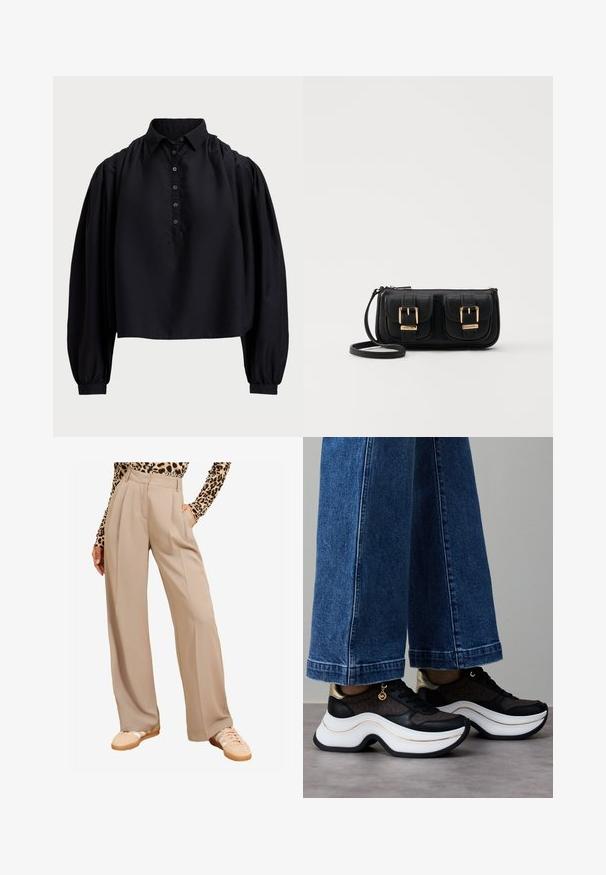 Sort cropped skjorte lavet af blødt stof, med en knaplukning, høj krave og puffede lange ærmer med tætsiddende manchetter.; Beige videbukser med folder, der har lommer og en glat tekstur. Kombineret med beige sneakers og en leopardmønstret top.; Sorte og guld sneakers med en buet hvid sål. Tekstureret stof med logo-detaljer. Kombineret med brede blå denimbukser.; Sort læder crossbody taske med to frontlommer, guldspænder, lynlåslukning og en slank rem. Struktureret overflade og kompakt rektangulær form.