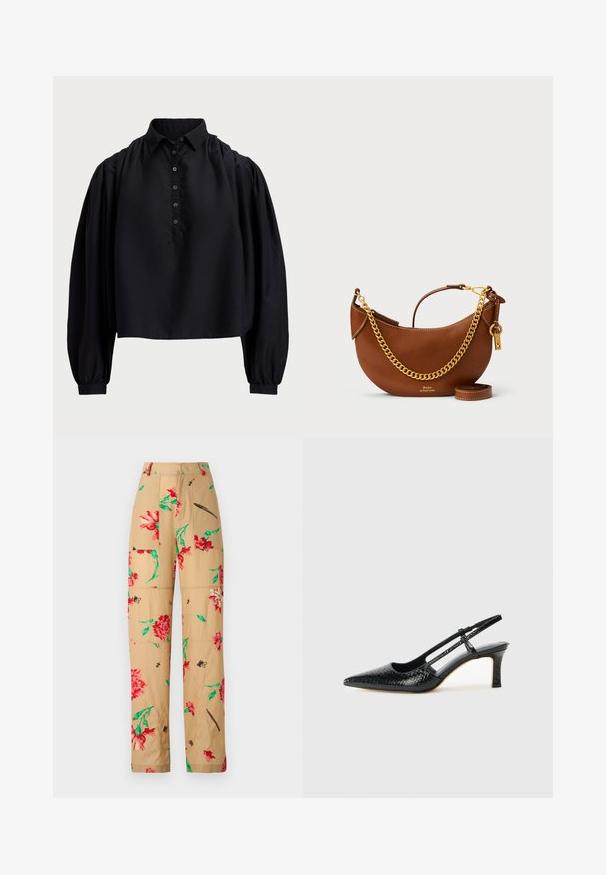 Crna skraćena košulja od mekanog materijala, s dugmićima na preklopu, visokim ovratnikom i napučenim dugim rukavima s uskim manžetama.; Hlače s cvjetnim uzorkom na bež pozadini, ukrašene crvenim i zelenim cvjetovima i crnim detaljima. Opustenog kroja s bočnim džepovima.; Crne lakirane slingback pete s oštrim vrhom, s teksturiranim uzorkom zmijske kože, podesivom remenom i kratkom, teksturiranom blok-petom.; Smeđa kožna torba s ovalnim dizajnom, zlatnim lancem za nošenje, unutarnjim džepom i odvojivim remenom za rame. Sadrži kontrastne šavove.