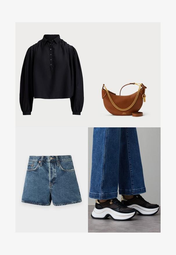 Černý zkrácený top z měkké látky, s knoflíkovou légou, vysokým límcem a nafouklými dlouhými rukávy s přiléhavými manžetami.; Džínové kraťasy ve středně modré barvě s vysokým pasem, pěti kapsami, kontrastním šitím a kovovým zapínáním na knoflík. Texturovaná tkanina s mírným vyblednutím.; Černo-zlaté tenisky s prohnutou bílou podrážkou. Texturovaná tkanina s logovými akcenty. Kombinované s širokými modrými džínovými kalhotami.; Hnědá kožená kabelka s zakřiveným designem, zlatým řetízkem, vnitřní kapsou a odnímatelným ramenním popruhem. Obsahuje kontrastní prošívání.