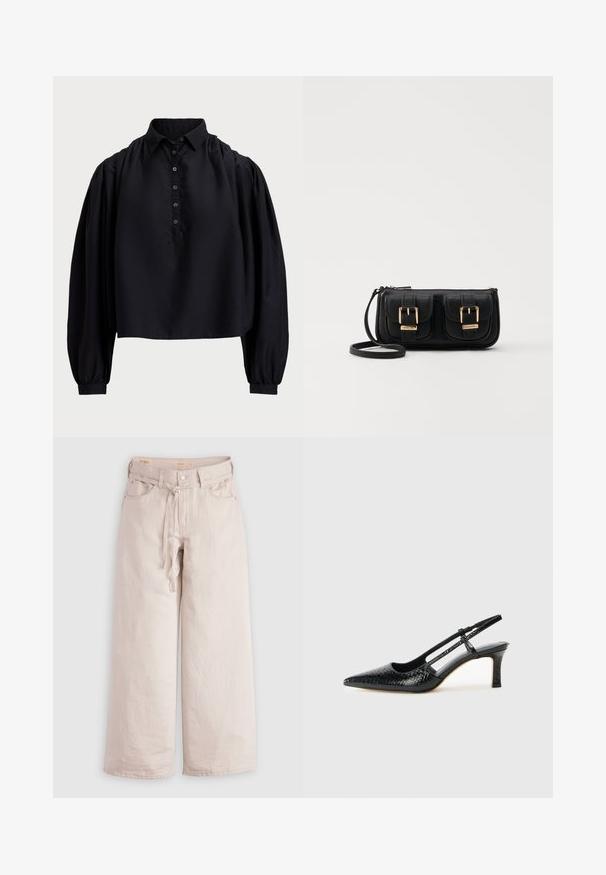 Juodas trumpas marškinėlis, pagamintas iš minkštos medžiagos, su sagų užsegimu, aukštu apykakle ir pūstais ilgais rankovėmis su prigludusiais riešais.; Šviesiai smėlio spalvos plačių kojų kelnės, pagamintos iš denimo, su sagčių uždarymu, dirželių kilpomis ir priekinėmis kišenėmis. Glotni tekstūra su laisvu siluetu.; Juodai lakuoti slingback aukštakulniai su smailiu nosiu, su tekstūruotu gyvatės raštu, reguliuojama juosta ir trumpu, tekstūruotu blokiniu kulnu.; Juodas odinis per petį nešiojamas krepšys su dviem priekiniais kišenėmis, auksiniais sagtimis, užtrauktuko uždarymu ir siauromis petnešomis. Textūruota paviršius ir kompaktiškas stačiakampis formatas.