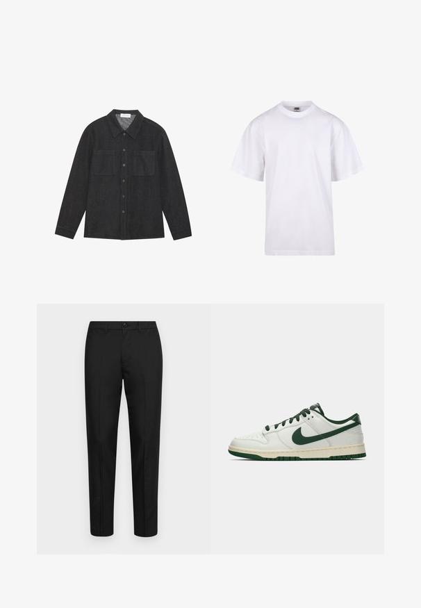 Tumehall särk, mis on valmistatud tekstuurilisest kangast, millel on terav krae, nööpide eesmine osa ja kaks rinna taskut. Pikailevusega varrukad, millel on nööpidega mansetid.; Valge puuvillane t-särk ümmarguse kaeluse, lühikeste varrukate ja lõdva lõikega. Omab lihtsat disaini ilma mustrite või aktsendita.; Sileeritud kangast mustad püksid, millel on slim-fit lõige, nööbi sulgemine, vööaugud ja sirged jalad.; Valge madalate tossudega, millel on tumeroheline Nike Swoosh, paelad ja tallakatted, esitatud külgmises vaates ühtlasel valgel taustal.